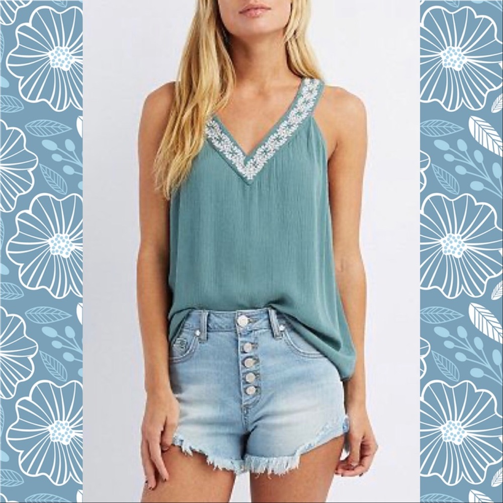 Charlotte Russe Embroidered Collar Tank Top (M)